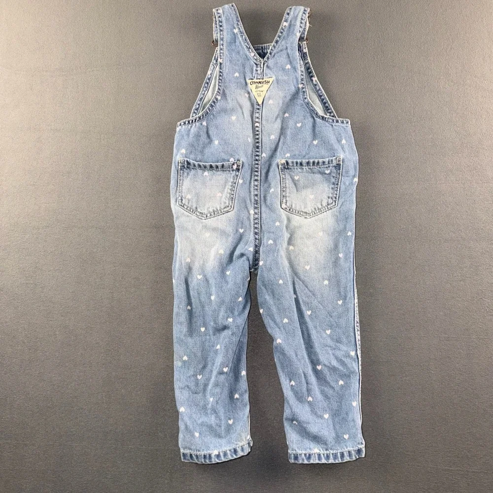 OshKosh Bgosh Girls 24M Blue Denim Heart Print Bib Overalls Light Wash 1K338210
